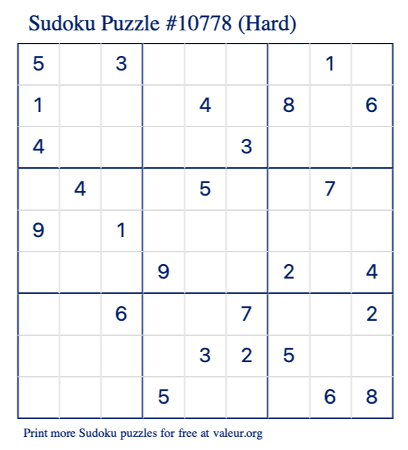 Free Printable Hard Sudoku Puzzle number 10778