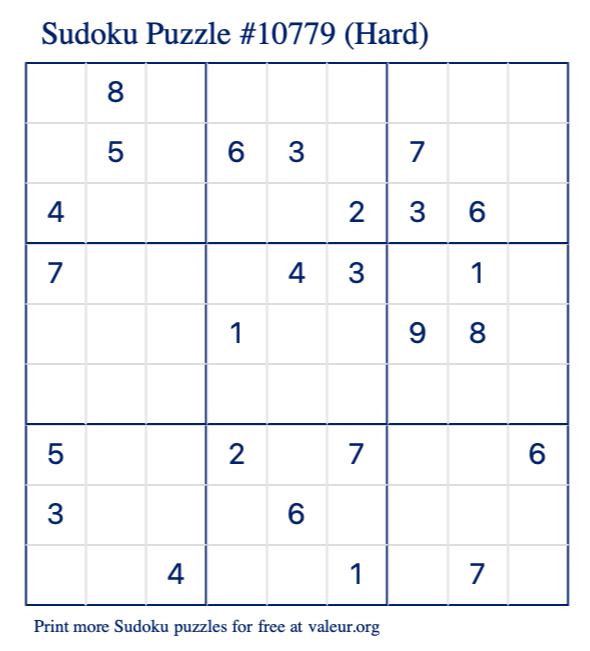 Free Printable Hard Sudoku Puzzle number 10779
