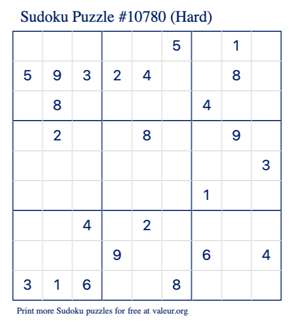 Free Printable Hard Sudoku Puzzle number 10780