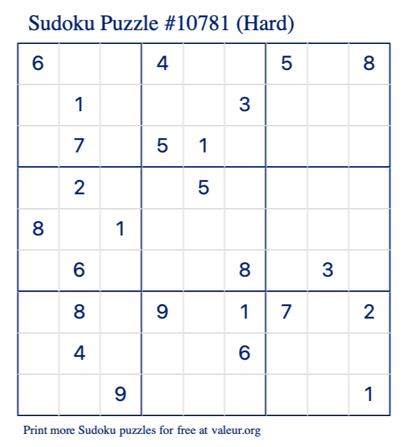 Free Printable Hard Sudoku Puzzle number 10781