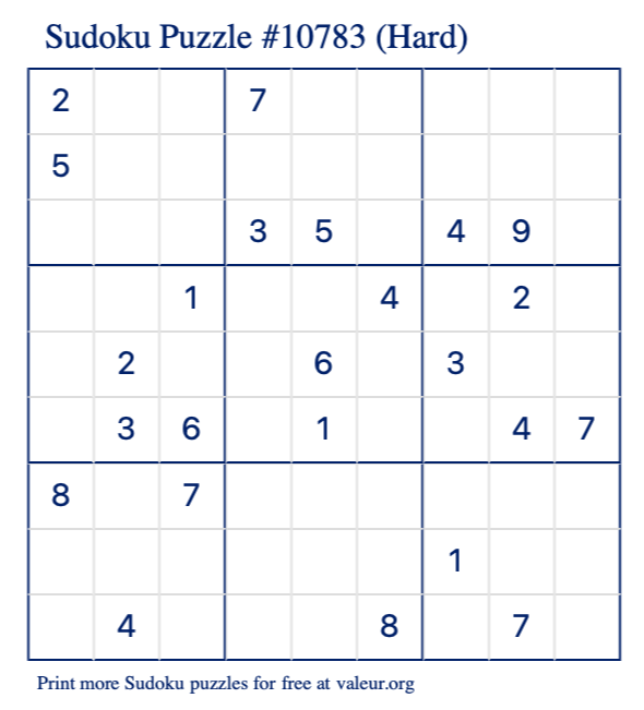 Free Printable Hard Sudoku Puzzle number 10783