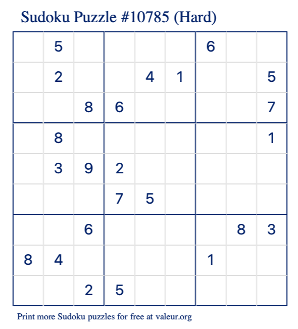 Free Printable Hard Sudoku Puzzle number 10785