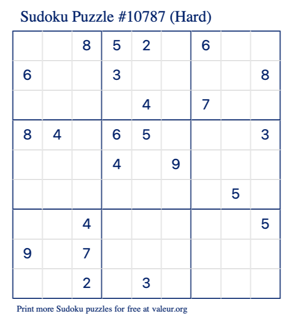 Free Printable Hard Sudoku Puzzle number 10787
