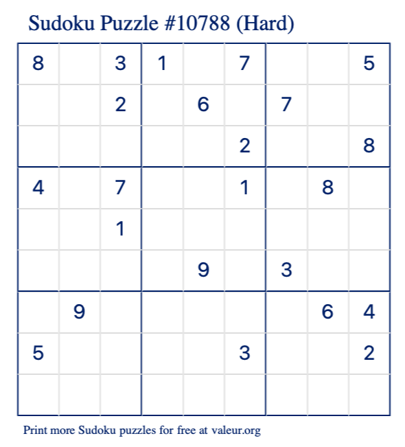 Free Printable Hard Sudoku Puzzle number 10788