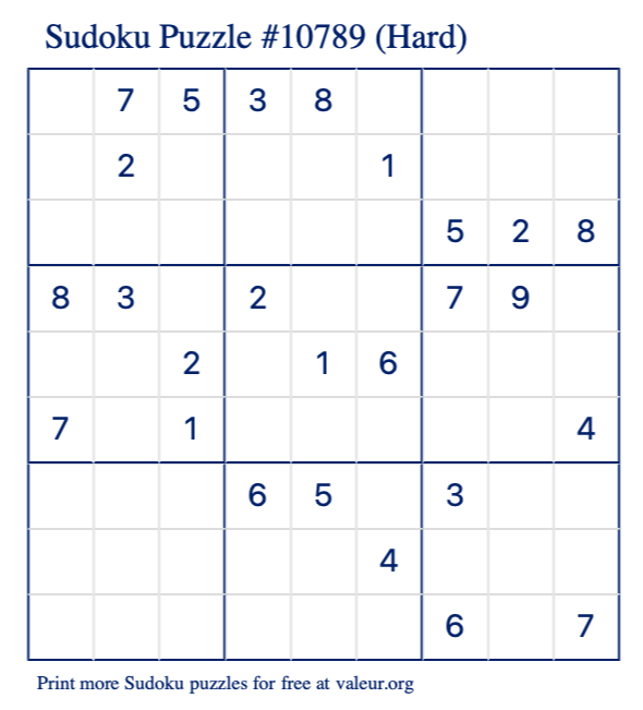 Free Printable Hard Sudoku Puzzle number 10789