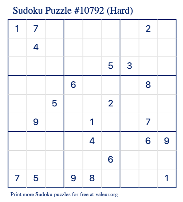 Free Printable Hard Sudoku Puzzle number 10792