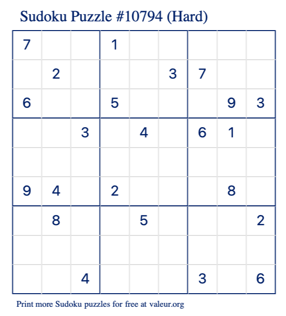 Free Printable Hard Sudoku Puzzle number 10794