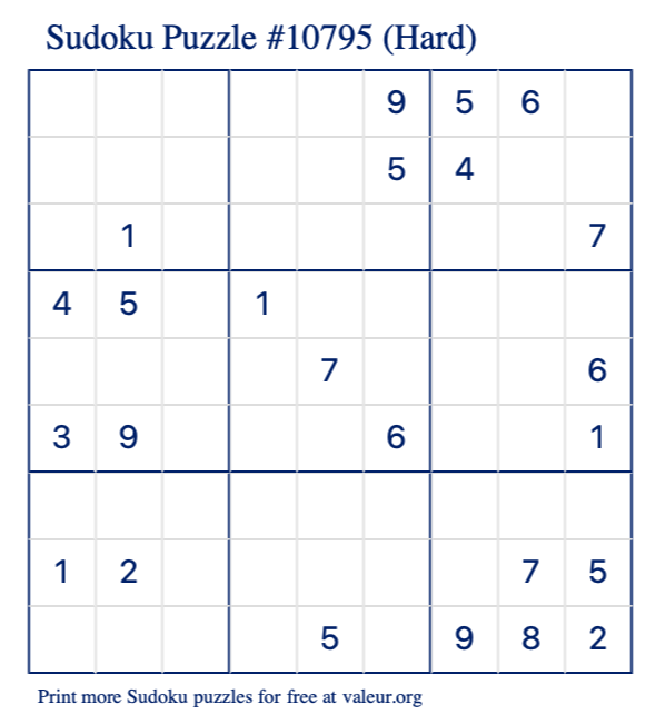 Free Printable Hard Sudoku Puzzle number 10795