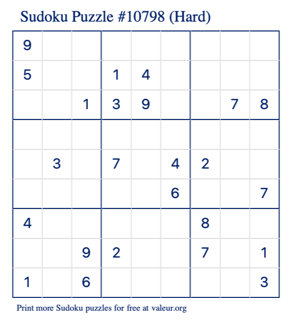 Free Printable Hard Sudoku Puzzle number 10798
