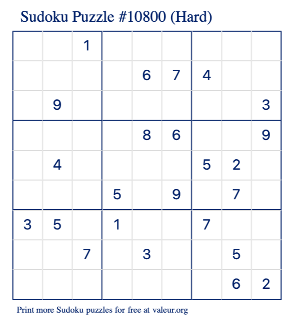Free Printable Hard Sudoku Puzzle number 10800