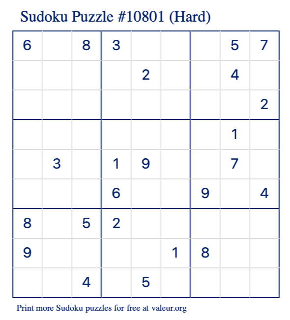 Free Printable Hard Sudoku Puzzle number 10801