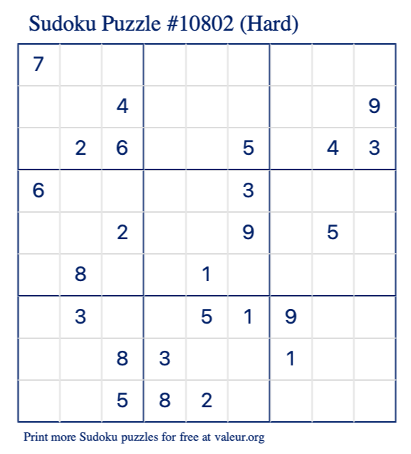 Free Printable Hard Sudoku Puzzle number 10802