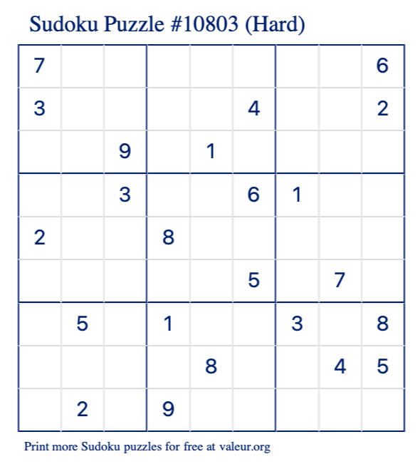 Free Printable Hard Sudoku Puzzle number 10803