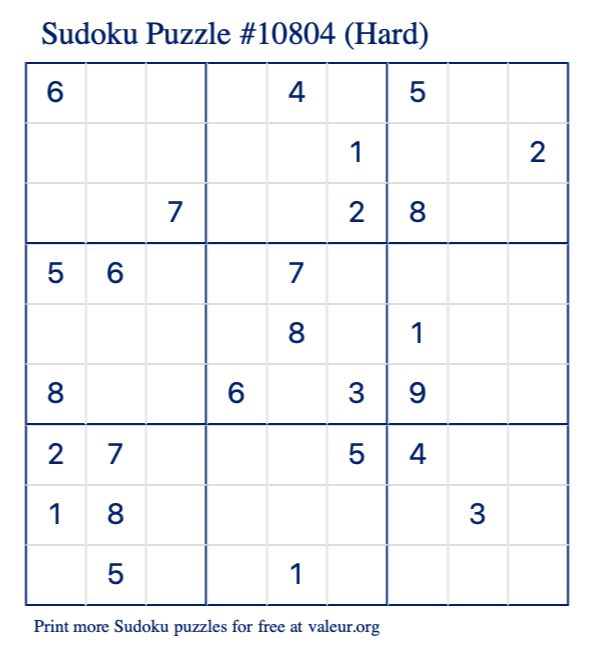 Free Printable Hard Sudoku Puzzle number 10804
