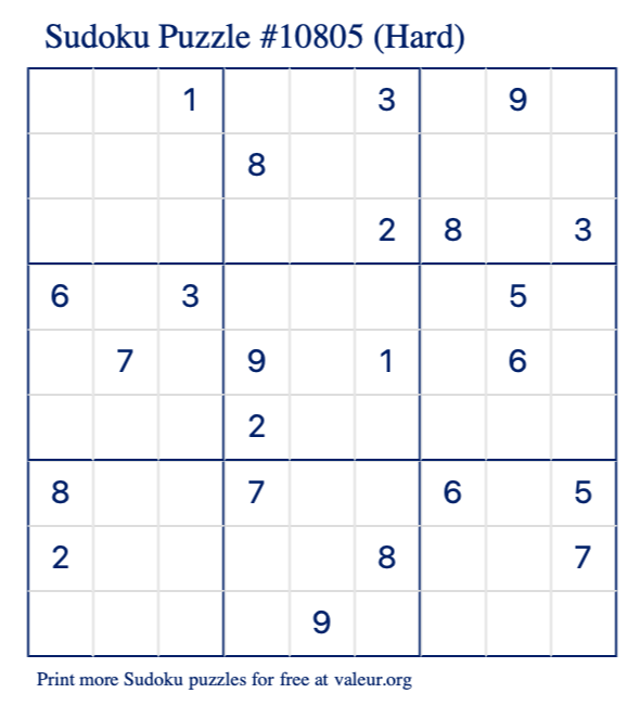 Free Printable Hard Sudoku Puzzle number 10805
