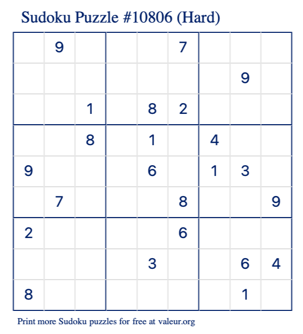 Free Printable Hard Sudoku Puzzle number 10806
