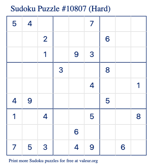 Free Printable Hard Sudoku Puzzle number 10807
