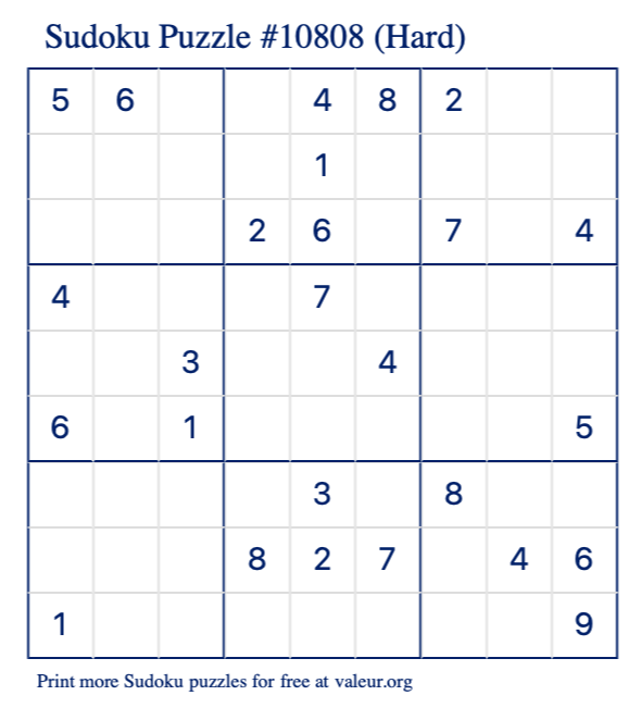 Free Printable Hard Sudoku Puzzle number 10808