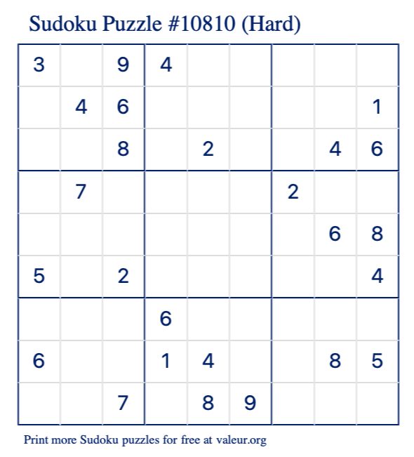 Free Printable Hard Sudoku Puzzle number 10810