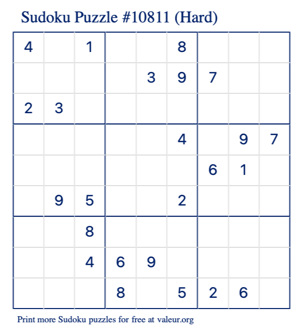 Free Printable Hard Sudoku Puzzle number 10811