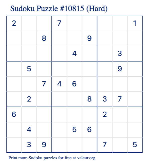 Free Printable Hard Sudoku Puzzle number 10815