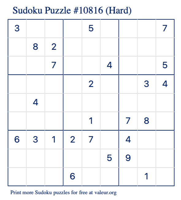 Free Printable Hard Sudoku Puzzle number 10816