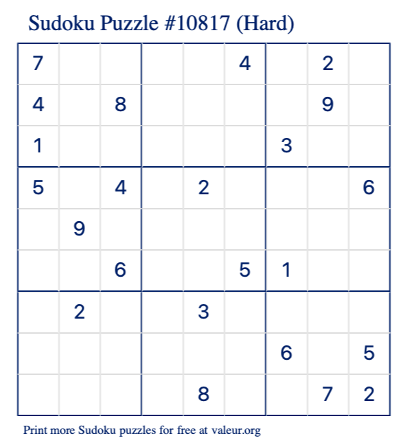 Free Printable Hard Sudoku Puzzle number 10817