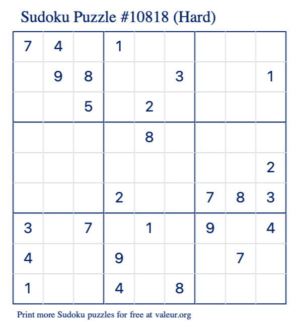 Free Printable Hard Sudoku Puzzle number 10818