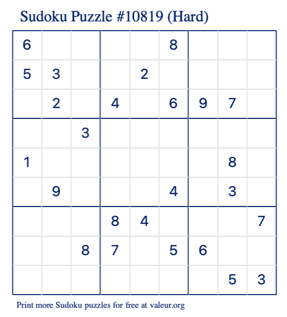 Free Printable Hard Sudoku Puzzle number 10819