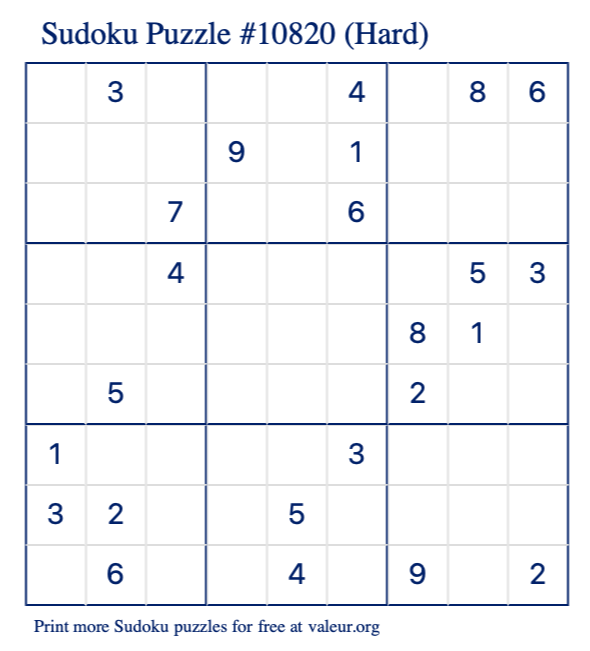 Free Printable Hard Sudoku Puzzle number 10820
