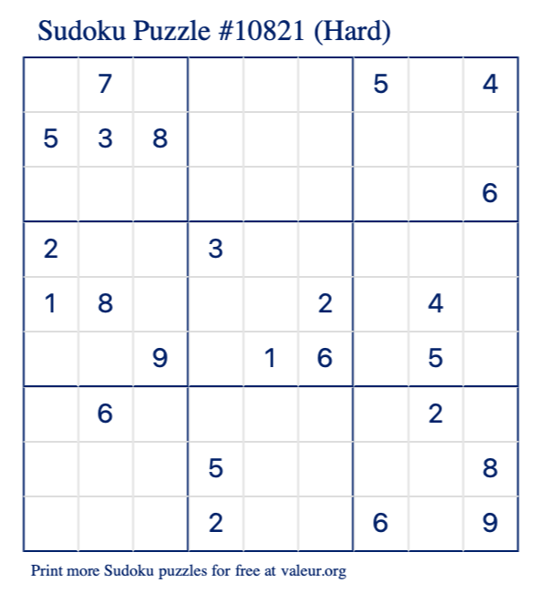 Free Printable Hard Sudoku Puzzle number 10821
