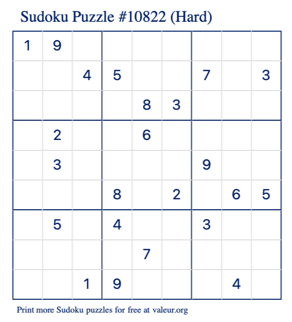 Free Printable Hard Sudoku Puzzle number 10822