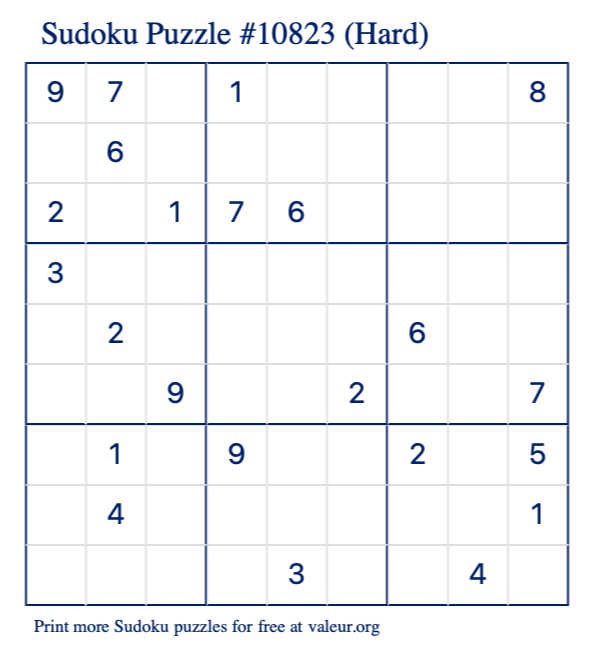 Free Printable Hard Sudoku Puzzle number 10823