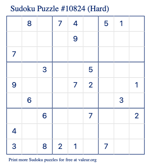 Free Printable Hard Sudoku Puzzle number 10824