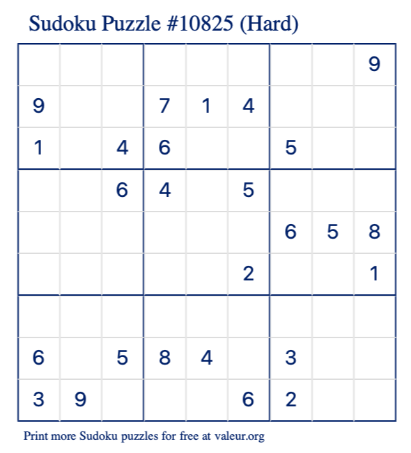 Free Printable Hard Sudoku Puzzle number 10825