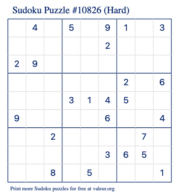 Free Printable Hard Sudoku Puzzle number 10826