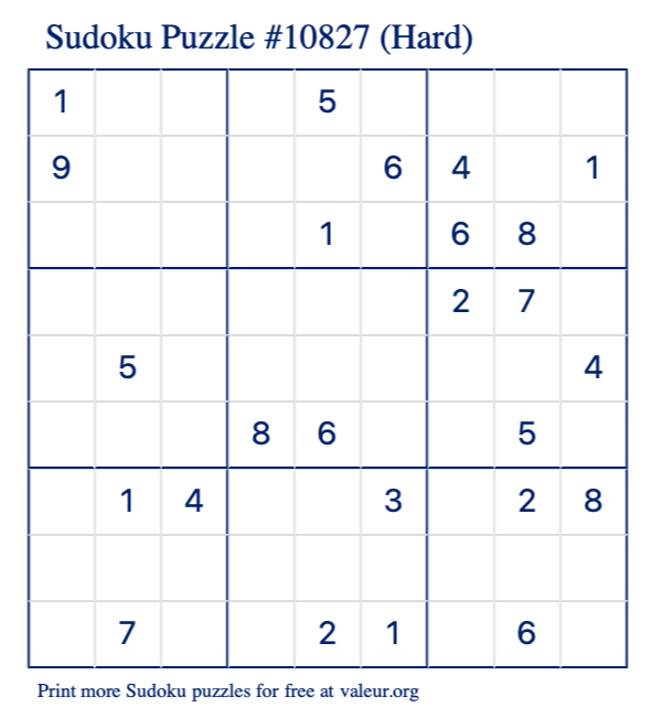 Free Printable Hard Sudoku Puzzle number 10827