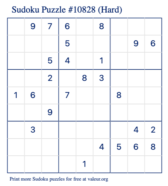 Free Printable Hard Sudoku Puzzle number 10828