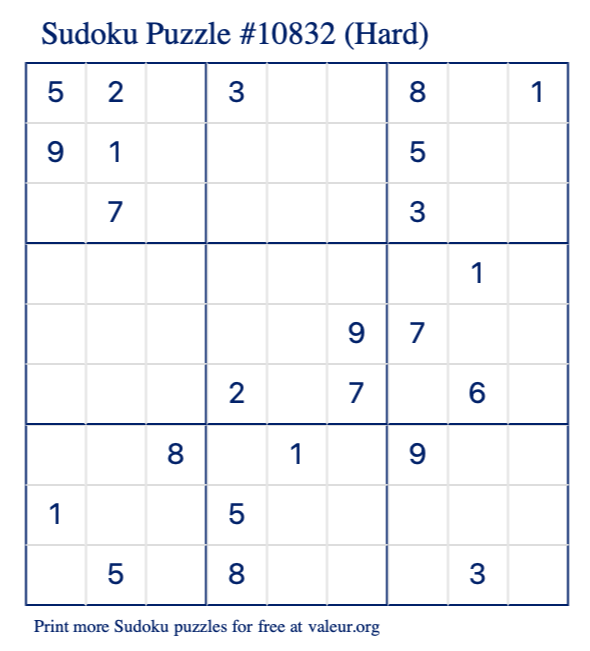 Free Printable Hard Sudoku Puzzle number 10832