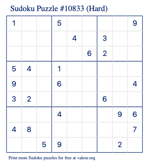 Free Printable Hard Sudoku Puzzle number 10833
