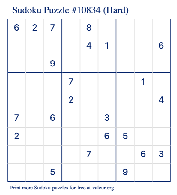 Free Printable Hard Sudoku Puzzle number 10834