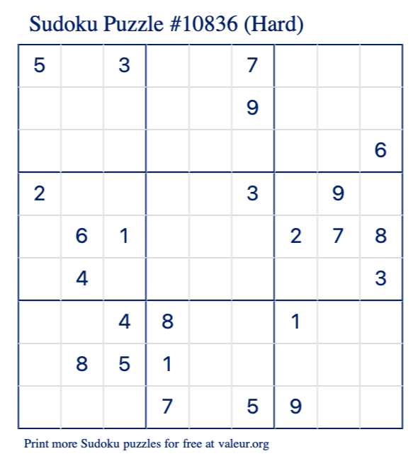Free Printable Hard Sudoku Puzzle number 10836