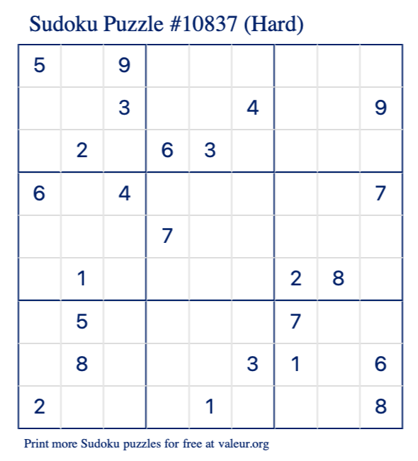 Free Printable Hard Sudoku Puzzle number 10837