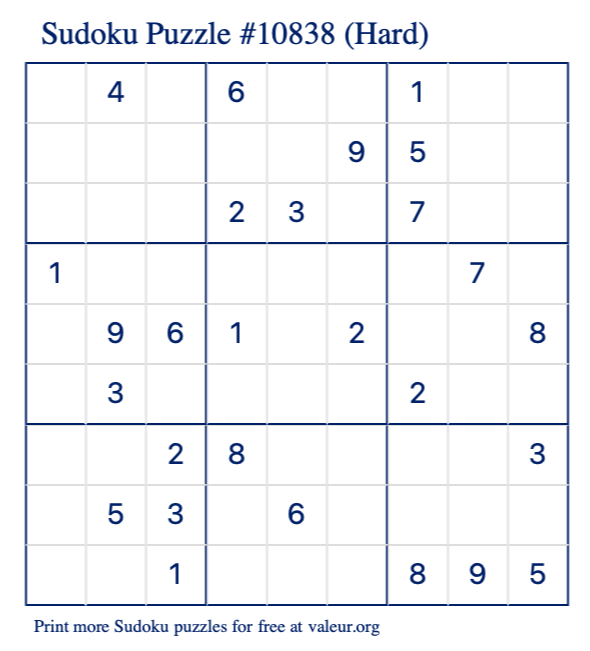 Free Printable Hard Sudoku Puzzle number 10838
