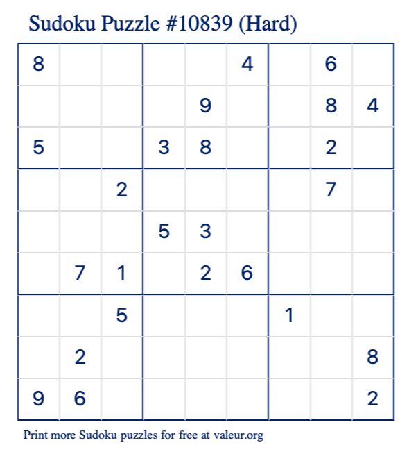 Free Printable Hard Sudoku Puzzle number 10839