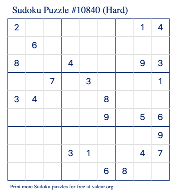 Free Printable Hard Sudoku Puzzle number 10840