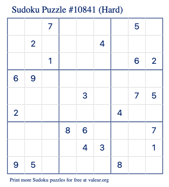 Free Printable Hard Sudoku Puzzle number 10841