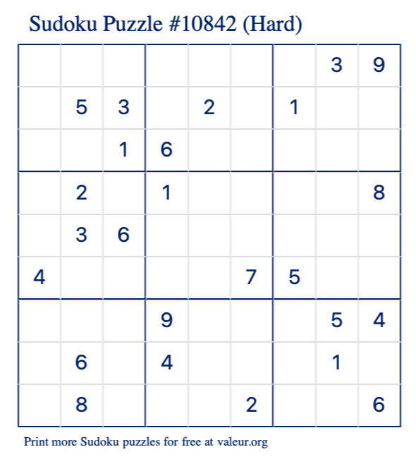 Free Printable Hard Sudoku Puzzle number 10842