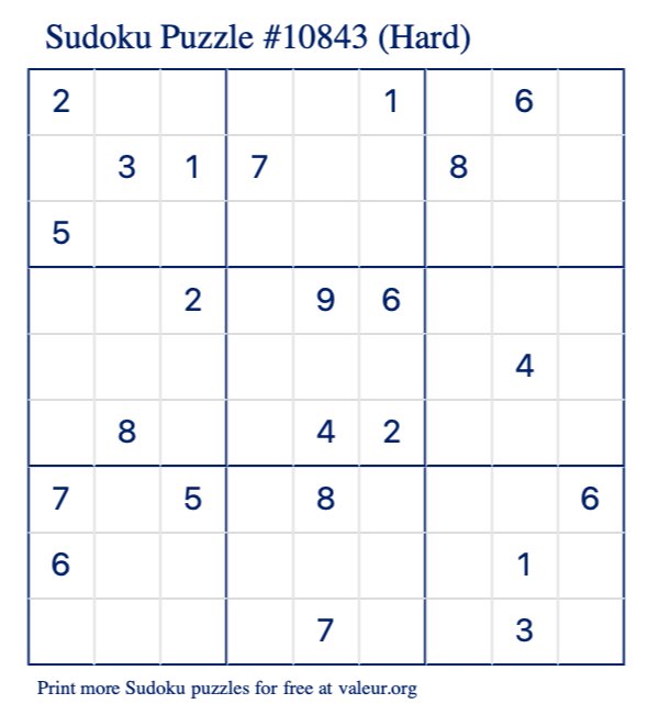 Free Printable Hard Sudoku Puzzle number 10843