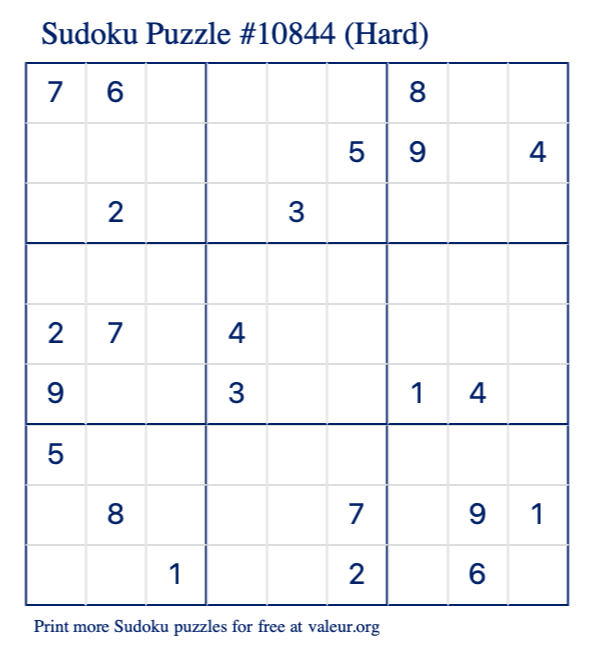 Free Printable Hard Sudoku Puzzle number 10844
